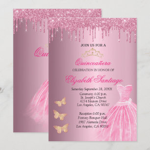 Elegant Quinceañera Pink and Gold Glitter Drips In Invitation