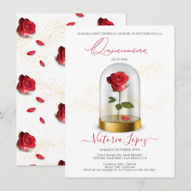 Elegant Quinceañera Red Rose in Spanish Invitation (Front/Back)
