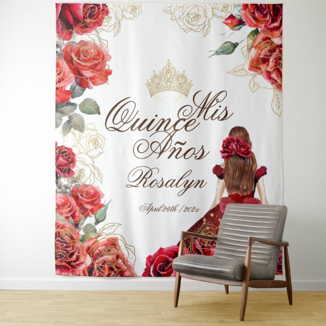 Elegant Quinceanera Red Roses Backdrop Tapestries (In Situ)