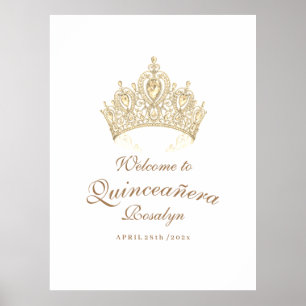 Elegant Quinceañera Script Gold Crown Welcome  Poster