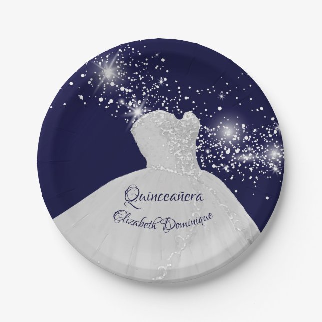 Elegant Quinceañera White Gown Paper Plate (Front)