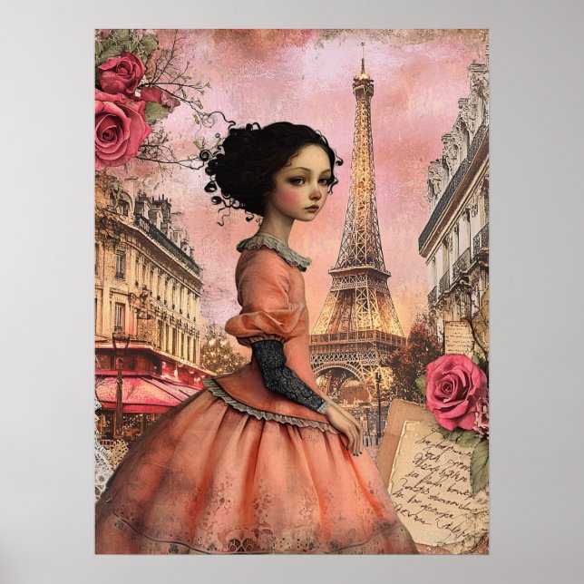 Elegant Quirky Victorian Gothic Girl In Paris Poster (Front)