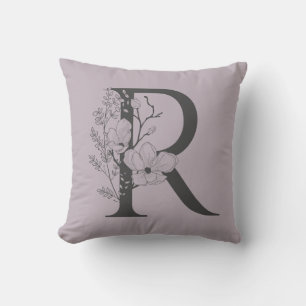 Elegant R Boho Floral Monogram Initial Lilac Grey Throw Pillow