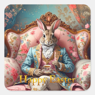 Elegant rabbit Drinking Tea Happy Easter Square Sticker