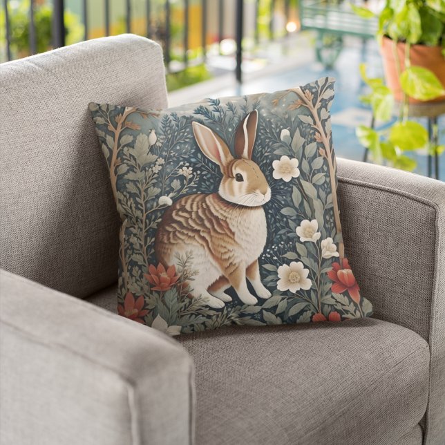 Elegant Rabbit Framed By Flowers and Leaves Throw Pillow (Creator Uploaded)