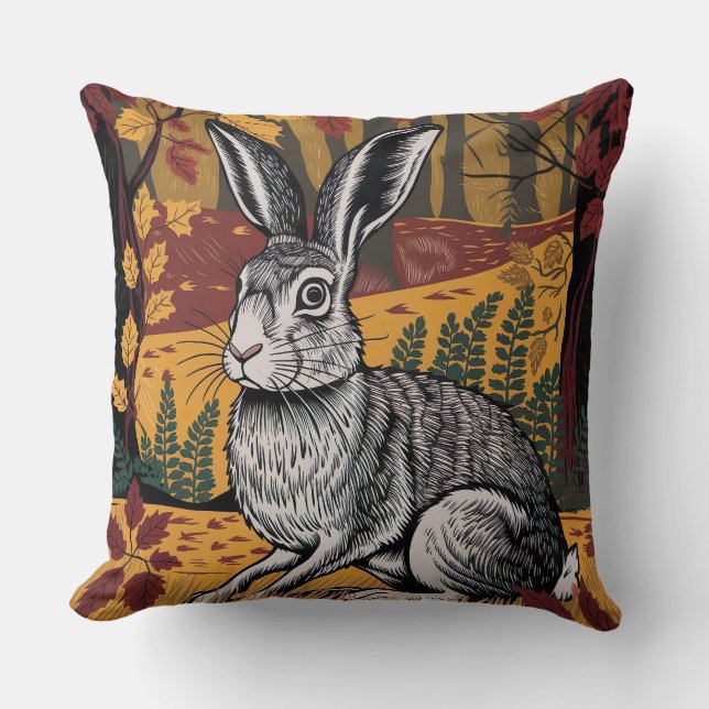 Elegant Rabbit in Autumn Forest Throw Pillow (Front)