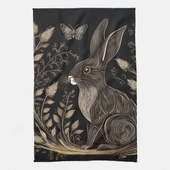 Elegant Rabbit in Black and Beige Kitchen Towel (Vertical)