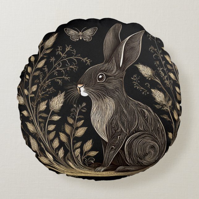 Elegant Rabbit in Black and Beige Round Pillow (Front)