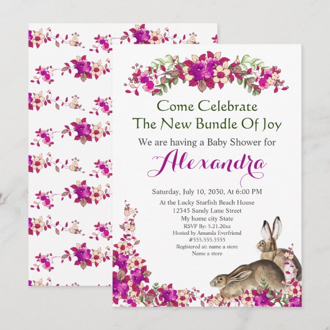 Elegant Rabbit Pink Floral Baby Shower invitation (Front/Back)