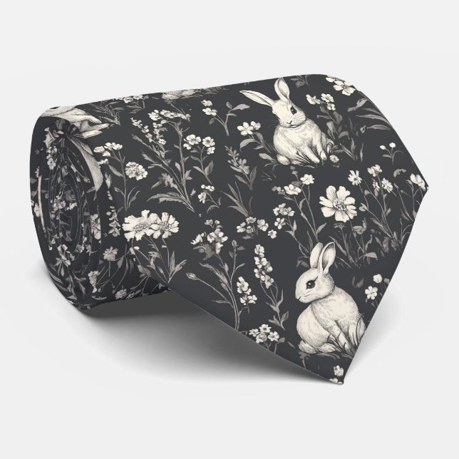 Elegant Rabbit Toile Floral Vintage Pattern Tie (Rolled)