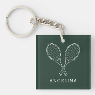 Elegant Racket Green Custom Name Tennis Player Keychain
