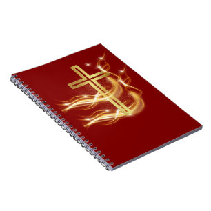 Elegant Radiant Golden Cross on Deep Red Notebook