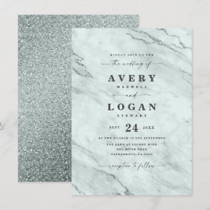 Elegant Rain Dusty Green Marble & Glitter Wedding Invitation