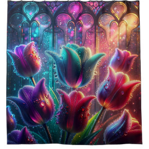 “Elegant Rain-Soaked Tulips in Cathedral Windows"