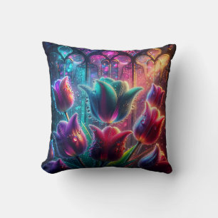 “Elegant Rain-Soaked Tulips in Cathedral Windows" Throw Pillow
