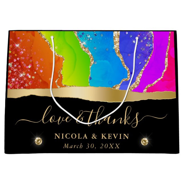 Elegant Rainbow and Gold Glitter Agate Wedding Large Gift Bag (Front)