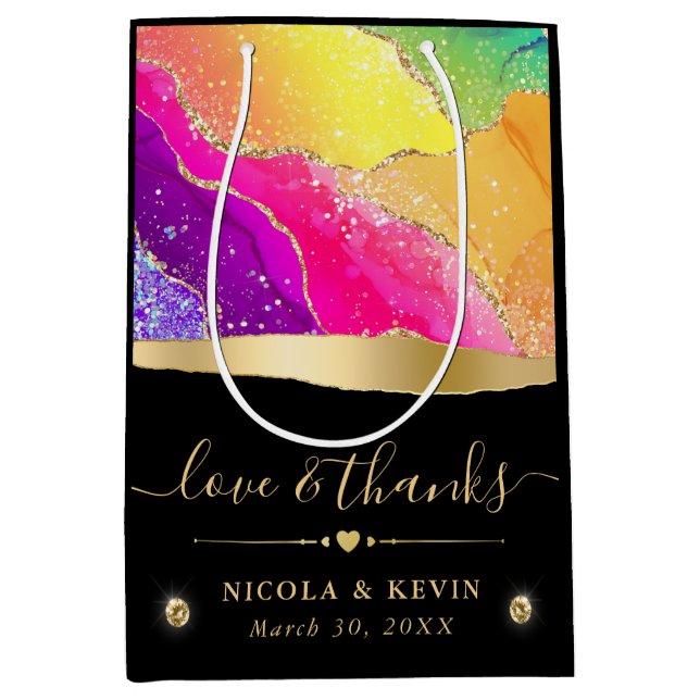 Elegant Rainbow and Gold Glitter Agate Wedding Medium Gift Bag (Front)