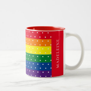 Elegant Rainbow and White Polka Dot Name  Two-Tone Coffee Mug