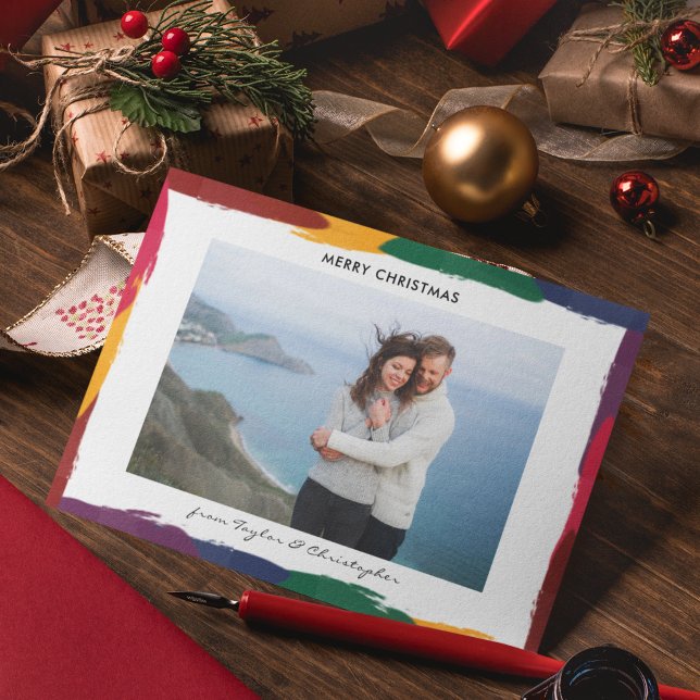 Elegant Rainbow Border Custom Message Photo Holiday Card (Creator Uploaded)