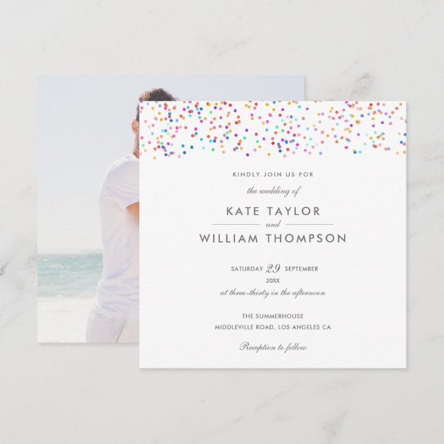 Elegant Rainbow Confetti Photo Wedding Invitation (Front/Back)