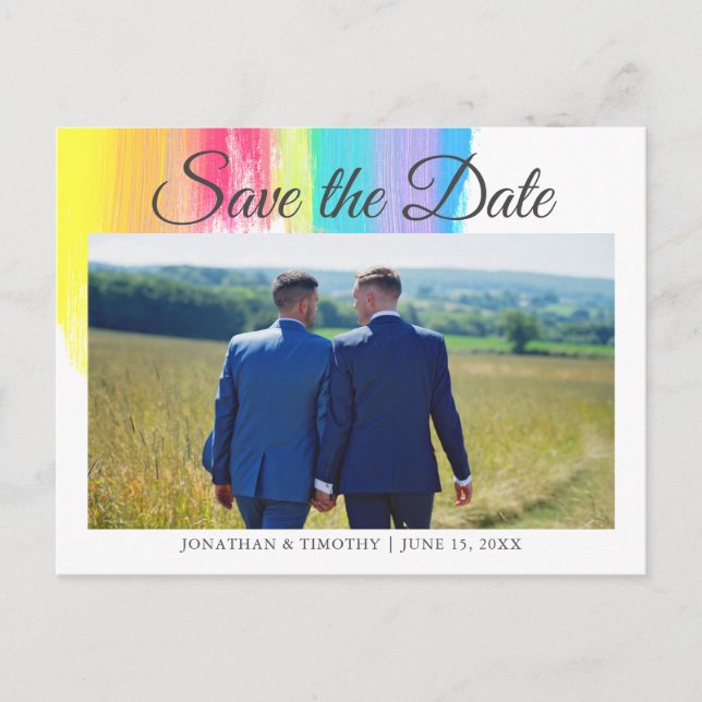 Elegant Rainbow Engagement Photo Save The Date Postcard (Front)
