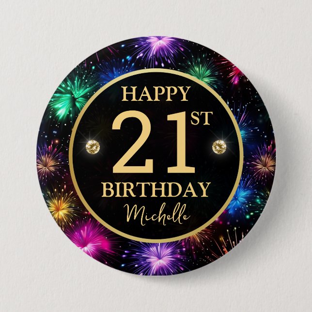 Elegant Rainbow Fireworks 21st Birthday 3 Inch Round Button (Front)