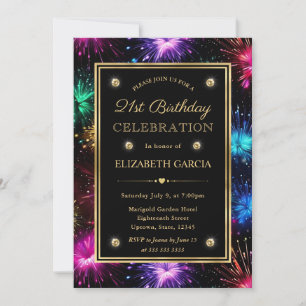 Elegant Rainbow Fireworks Frame 21st Birthday Invitation