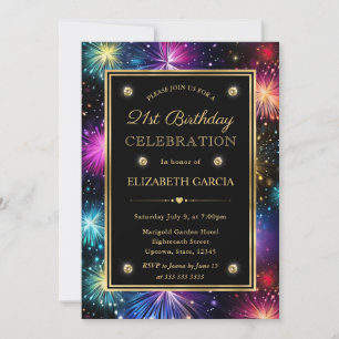 Elegant Rainbow Fireworks Frame 21st Birthday Invitation