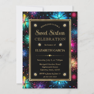 Elegant Rainbow Fireworks Frame Sweet Sixteen Invitation