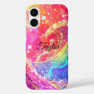 Elegant Rainbow Glam & Glitter Personalized iPhone 16 Case