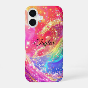Elegant Rainbow Glam & Glitter Personalized iPhone 16 Case