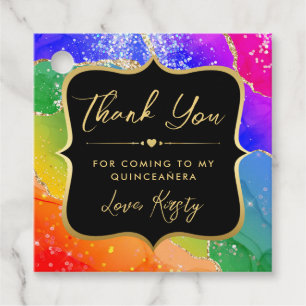 Elegant Rainbow Glitter Agate and Gold Quinceanera Favour Tags