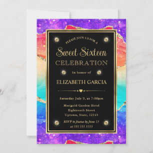 Elegant Rainbow Glitter Agate and Gold Sweet 16 Invitation