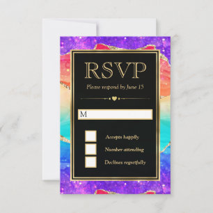 Elegant Rainbow Glitter Agate and Gold Wedding RSVP Card