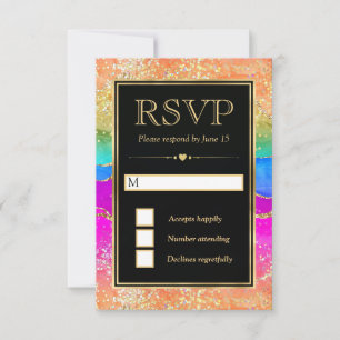 Elegant Rainbow Glitter Agate and Gold Wedding RSVP Card