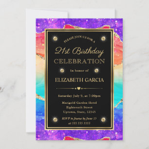 Elegant Rainbow Glitter Agate & Gold 21st Birthday Invitation