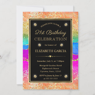 Elegant Rainbow Glitter Agate & Gold 21st Birthday Invitation