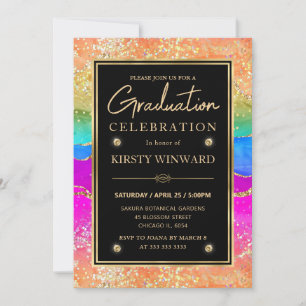 Elegant Rainbow Glitter Agate & Gold Graduation Invitation
