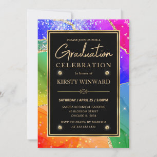 Elegant Rainbow Glitter Agate & Gold Graduation Invitation