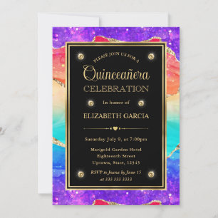 Elegant Rainbow Glitter Agate & Gold Quinceanera Invitation