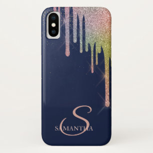 Elegant Rainbow Glitter Drips,Navy Blue Case-Mate iPhone Case