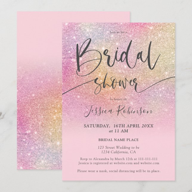 Elegant rainbow glitter script bridal shower invitation (Front/Back)