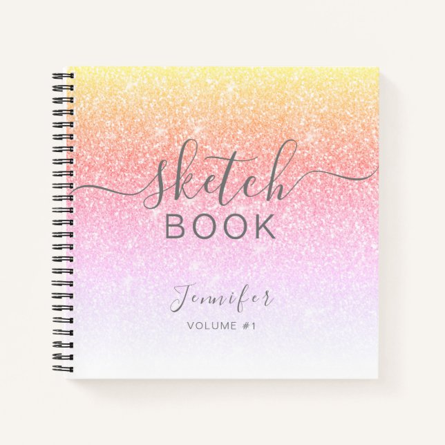 Elegant Rainbow Glitter Sketchbook Name Script Notebook (Front)
