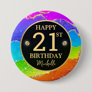 Elegant Rainbow Gold Glitter Agate 21st Birthday 3 Inch Round Button