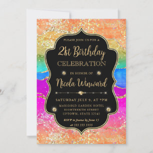 Elegant Rainbow Gold Glitter Frame 21st Birthday Invitation