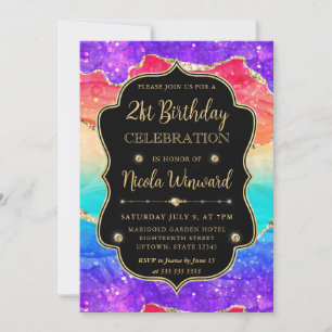 Elegant Rainbow Gold Glitter Frame 21st Birthday Invitation