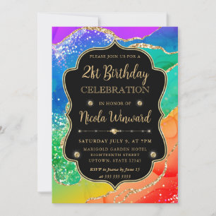 Elegant Rainbow Gold Glitter Frame 21st Birthday Invitation