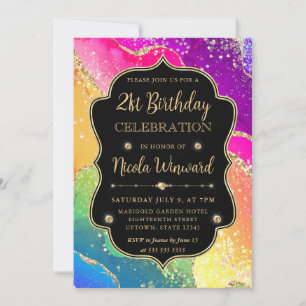 Elegant Rainbow Gold Glitter Frame 21st Birthday Invitation