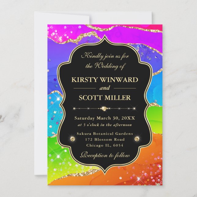 Elegant Rainbow Gold Glitter Frame Wedding Invitation (Front)