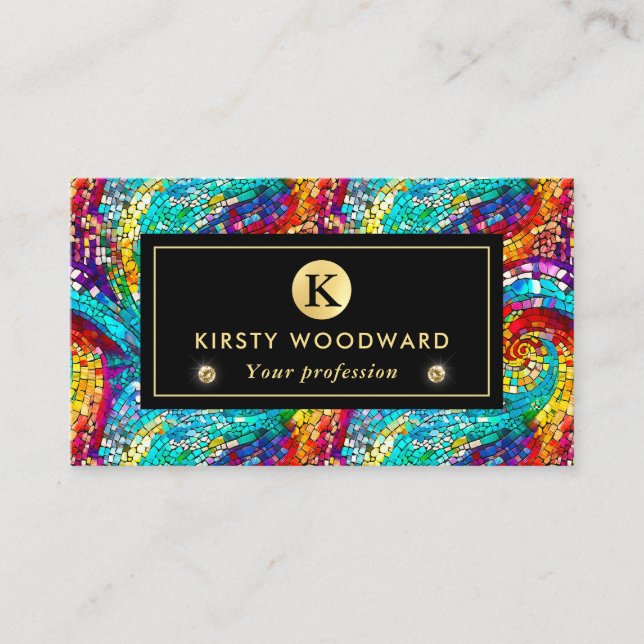 Elegant Rainbow Jewel Tone Mosaic Glass Pattern Business Card (Front)